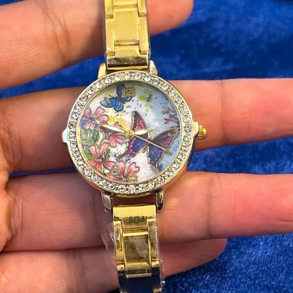 Gold Tone Butterfly Floral Rhinestone Stretch Watch – Needs Battery